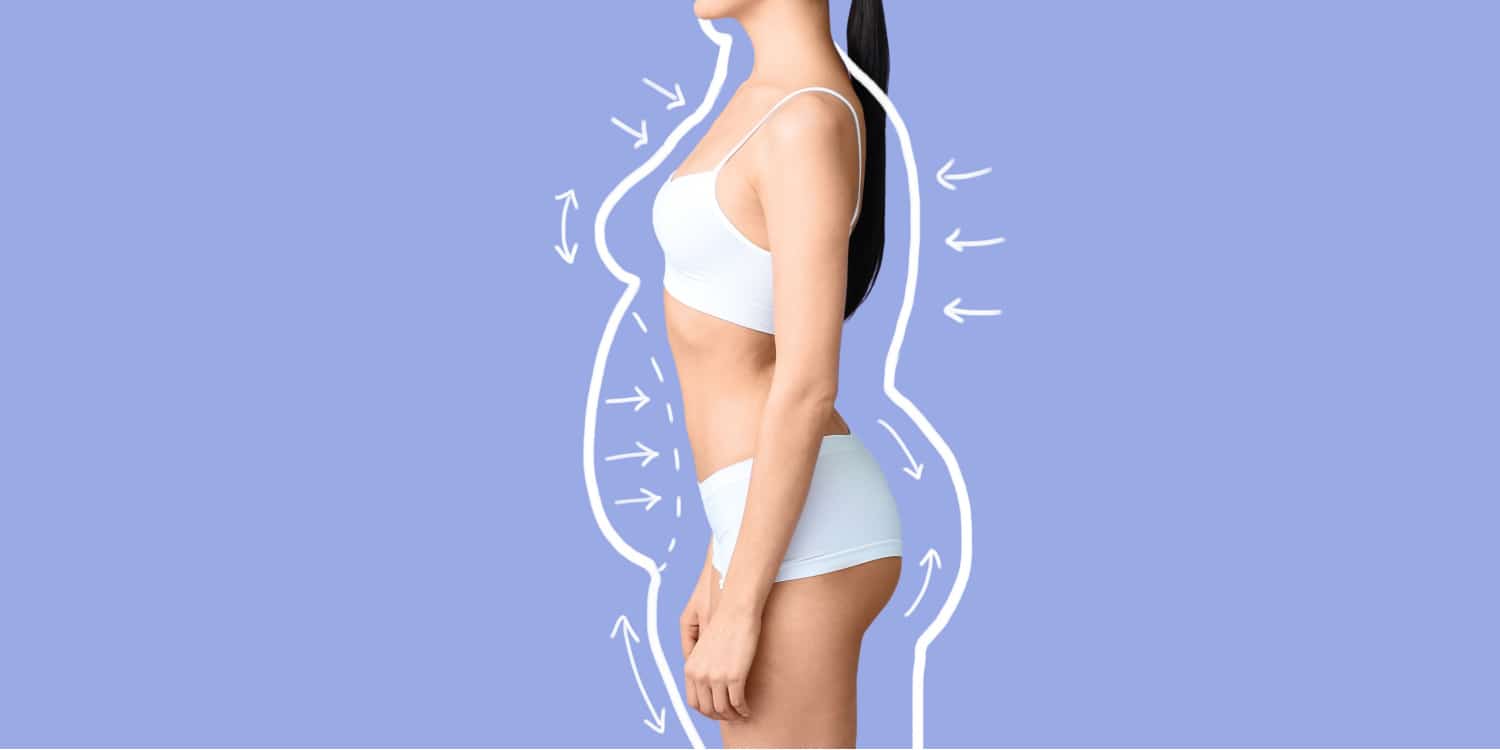 A woman on a purple background with lines representing extra skin after weight loss